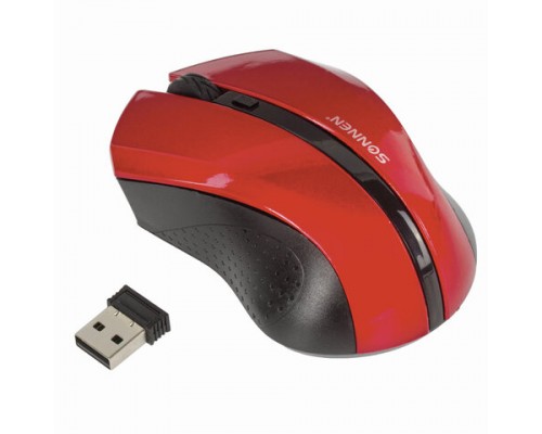 Мышь беспроводная SONNEN WM-250R, USB, 1600dpi, 3 кнопки+1 колесо-кнопка,оптическая, красная, 512643