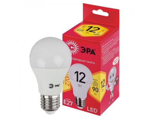 Лампа светодиодная ЭРА, 12(90)Вт, цоколь Е27, груша, теплый белый, 25000ч, LED A60-12W-3000-E27