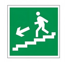 Знак эвакуационный "Направление к эвакуационному выходу по лестнице НАЛЕВО вниз", квадрат 200х200 мм, самоклейка, 610019/Е 14