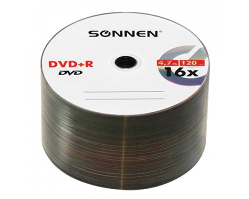 Диски DVD+R (плюс) SONNEN 4,7Gb 16x Cake Box (упаковка на шпиле) КОМПЛЕКТ 50шт, 512577