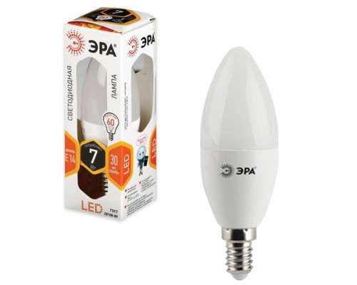 Лампа светодиодная ЭРА,7(60)Вт, цоколь E14, свеча,тепл. бел., 30000ч, LED smdB35-7w-827-E14