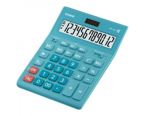 Калькулятор настольный CASIO GR-12С-LB (210х155мм), 12 разрядов, двойное питание, ГОЛУБОЙ