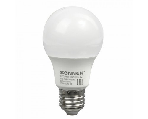 Лампа светодиодная SONNEN, 10(85)Вт, цоколь Е27,груша,нейтр.бел,30000ч, LED A60-10W-4000-E27, 453696