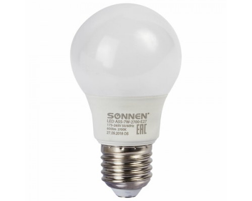 Лампа светодиодная SONNEN, 7(60)Вт, цоколь E27, груша, тепл.бел, 30000ч, LED A55-7W-2700-E27, 453693
