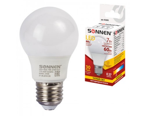 Лампа светодиодная SONNEN, 7(60)Вт, цоколь E27, груша, тепл.бел, 30000ч, LED A55-7W-2700-E27, 453693