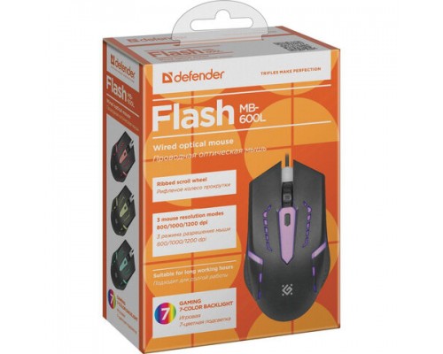Мышь проводная DEFENDER Flash MB-600L, 800-1200dpi, 4 кнопки + 1 колесо-кнопка, оптическая, черная