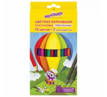 Карандаши цветные ЮНЛАНДИЯ "ВОЗДУШНЫЙ ШАР", 12 цветов + 2 чернографитных, пластиковые, трехгранные, 181688