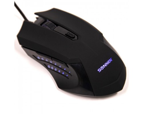Мышь проводная игровая SONNEN I3, пластик, 6 кнопок, 800-3200 dpi, LED-подсветка, черная,513523