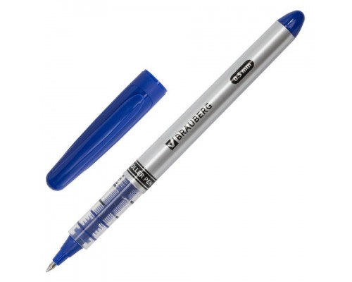 Ручка-роллер BRAUBERG Control, СИНЯЯ, корпус серебристый, узел 0,5мм, линия 0,3мм, 141554
