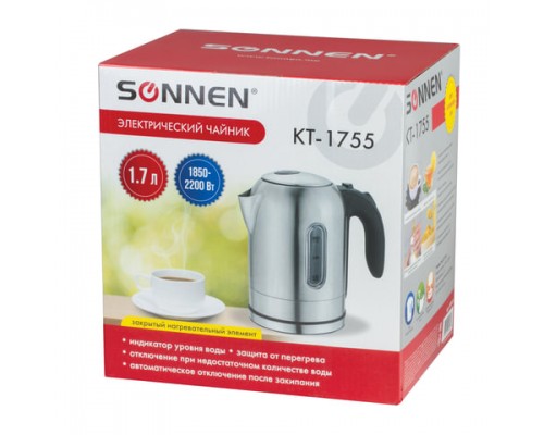 Чайник SONNEN KT-1755, 1,7л, 2200Вт, закрытый нагревательный элемент, нержавеющая сталь, 453419