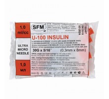 Шприц инсулиновый SFM, 1 мл, КОМПЛЕКТ 10 шт., в пакете, U-100 игла несъемная 0,3х8 мм - 30G, 534253