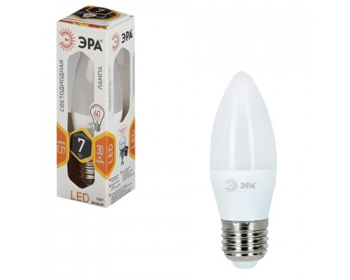 Лампа светодиодная ЭРА,7(60)Вт, цоколь E27, свеча,тепл. бел., 30000ч, LED smdB35-7w-827-E27