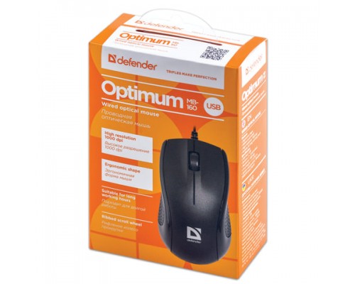 Мышь проводная DEFENDER Optimum MB-160, USB, 2 кнопки+1 колесо-кнопка, оптическая, черная, 52160