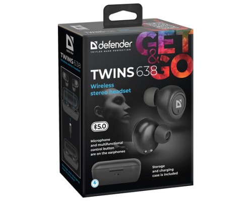Наушники с микрофоном (гарнитура) DEFENDER TWINS 638, Bluetooth, беспроводные, черные