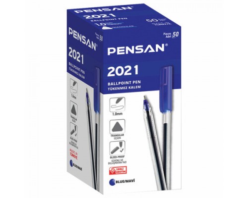 Ручка шариковая масляная PENSAN 2021, СИНЯЯ, трехгранная, узел 1мм, линия 0,8мм, 2021/S50 ш/к 2207