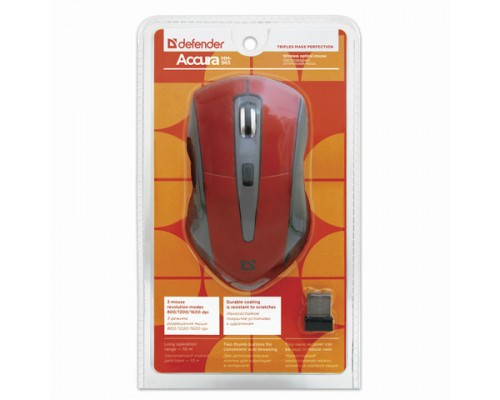 Мышь беспроводная DEFENDER ACCURA MM-965,USB,5кнопок+1колесо-кнопка, оптическая, красно-серая, 52966