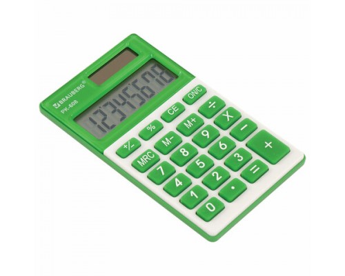 Калькулятор карманный BRAUBERG PK-608-GN (107x64 мм), 8 разрядов, двойное питание, ЗЕЛЕНЫЙ, 250520