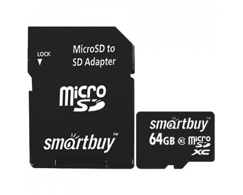 Карта памяти microSDXC 64GB SMARTBUY, 10 Мб/сек (class 10), с адаптером, SB64GBSDCL10-01