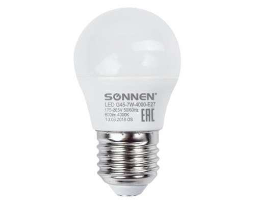 Лампа светодиодная SONNEN, 7(60)Вт, цоколь E27,шар,нейтр.белый,30000ч, LED G45-7W-4000-E27, 453704