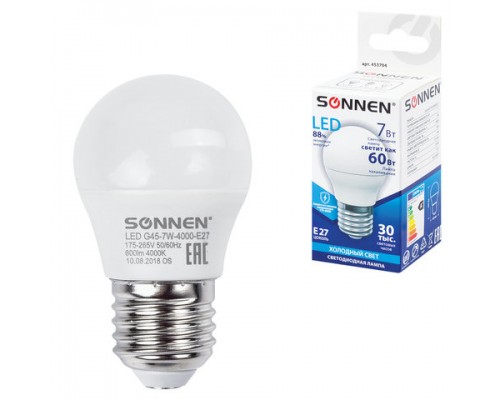 Лампа светодиодная SONNEN, 7(60)Вт, цоколь E27,шар,нейтр.белый,30000ч, LED G45-7W-4000-E27, 453704