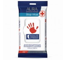 Дезинфицирующие салфетки влажные 48 шт., AURA "Stop Virus", для рук и поверхностей, 10535