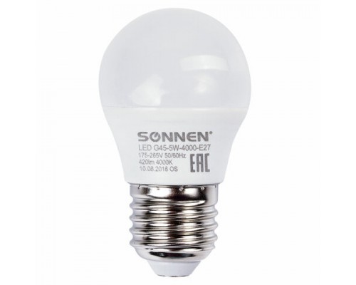 Лампа светодиодная SONNEN, 5(40)Вт,цоколь E27, шар, нейтр.белый,30000ч, LED G45-5W-4000-E27, 453700