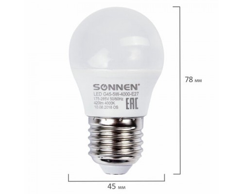 Лампа светодиодная SONNEN, 5(40)Вт,цоколь E27, шар, нейтр.белый,30000ч, LED G45-5W-4000-E27, 453700