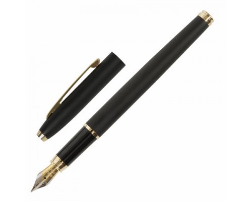 Ручка подарочная перьевая BRAUBERG Brioso, СИНЯЯ, корпус черный с золотистыми деталями, 143467