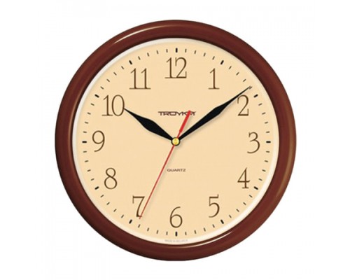 Часы настенные TROYKATIME (TROYKA) 21234287, круг, бежевые, коричневая рамка, 24,5х24,5х3,1см