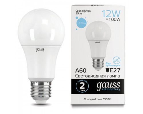 Лампа светодиодная GAUSS, 12(100)Вт, цоколь Е27,груша, холодный белый, 25000ч, LED A60-12W-6500-E27