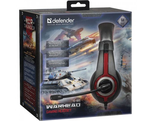 Наушники с микрофоном (гарнитура) DEFENDER Warhead G-185,проводные, 2м, стерео, чёрно-красные, 64106