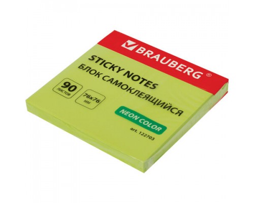 Блок самоклеящийся (стикеры) BRAUBERG НЕОНОВЫЙ 76х76мм, 90 листов, зеленый, 122703