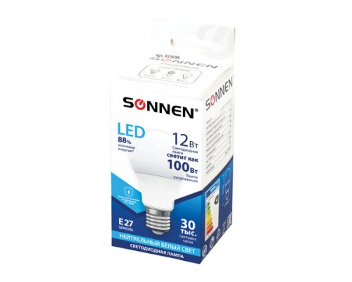 Лампа светодиодная SONNEN, 12(100)Вт,цоколь Е27,груша,нейтр.бел,30000ч, LED A60-12W-4000-E27, 453698
