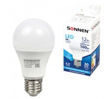 Лампа светодиодная SONNEN, 12 (100) Вт, цоколь Е27, груша, нейтральный белый свет, 30000 ч, LED A60-12W-4000-E27, 453698