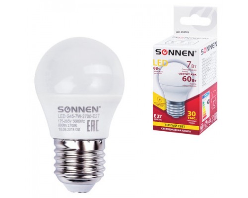 Лампа светодиодная SONNEN, 7(60)Вт, цоколь E27, шар, тепл.белый, 30000ч, LED G45-7W-2700-E27, 453703