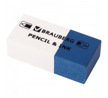 Ластик BRAUBERG "PENCIL & INK", 39х18х12 мм, для ручки и карандаша, бело-синий, 229578