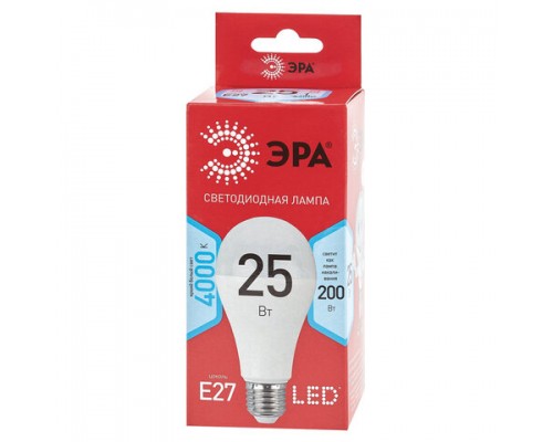 Лампа светодиодная ЭРА, 25(200)Вт, цоколь Е27, груша, нейтральный белый, 25000ч,LED A65-25W-4000-E27