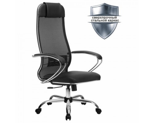 Кресло офисное МЕТТА К-5.1 хром, ткань-сетка/экокожа, сиденье мягкое, черное