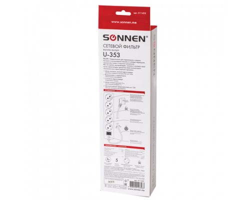 Сетевой фильтр SONNEN U-353, 5 розеток, с заземлением, выключатель, 10А, длина 3 м, белый, 511425