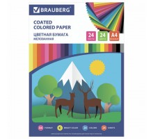Цветная бумага, А4, мелованная, 24 листа, 24 цвета, на скобе, BRAUBERG, 200х280 мм, "Природа", 111329