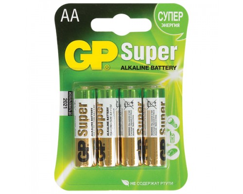 Батарейки КОМПЛЕКТ 4 шт, GP Super, AA (LR6, 15А), алкалиновые, пальчиковые, блистер, 15A-2CR4