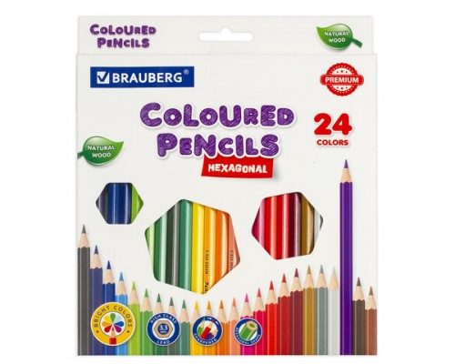 Карандаши цветные BRAUBERG PREMIUM, 24 цвета, шестигранные, грифель мягкий 3,3 мм, 181658
