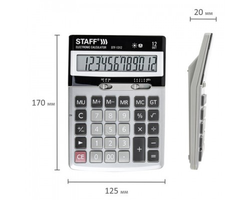 Калькулятор настольный метал. STAFF STF-1312 (170х125мм), 12 разрядов, двойное питание, 250119