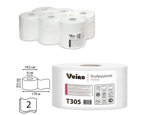 Бумага туалетная 170м, VEIRO Professional (Система T2), КОМПЛЕКТ 12шт, Premium, 2-сл, T305