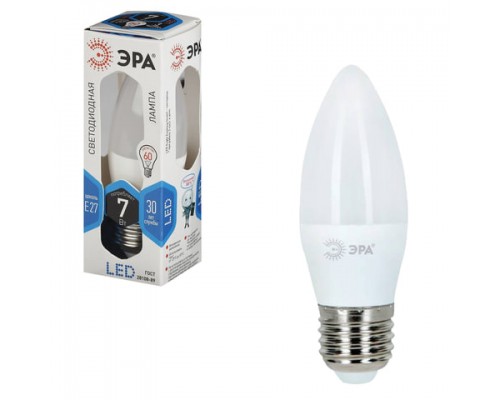 Лампа светодиодная ЭРА,7(60)Вт, цоколь E27, свеча,холодн. бел., 30000ч, LED smdB35-7w-840-E27