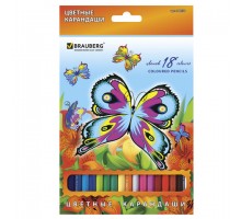 Карандаши цветные BRAUBERG "Wonderful butterfly", 18 цветов, заточенные, картонная упаковка с блестками, 180550