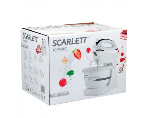 Миксер SCARLETT SC-HM40B01 на подставке 450Вт 5 скоростей, 2 венчика, 2 крюка для теста, чаша, белый