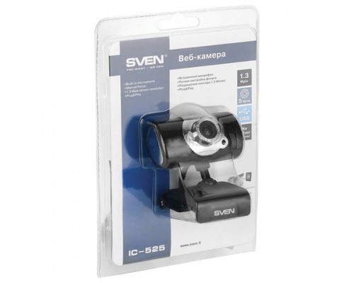 Веб-камера SVEN IC-525, 1,3 Мп, микрофон, USB 2.0, регулируемое крепление, черная, SV-0602IC525