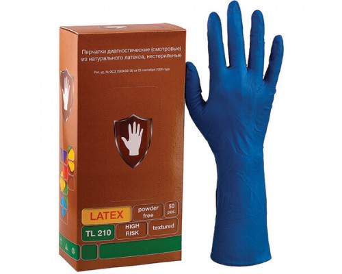 Перчатки латексные смотровые 25 пар (50шт), размер M (средний), синие, SAFE&CARE High Risk DL/TL210