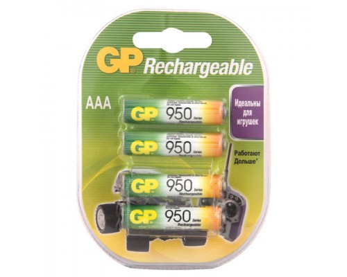 Батарейки аккумуляторные КОМПЛЕКТ 4 шт, GP, AAA (HR03), Ni-Mh, 950 mAh, блистер, 95AAAHC-2DECRC4